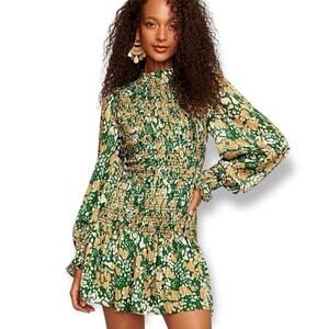 Ramy Brook NWT Lucia Green Floral Smocked Stretch Puff Sleeve Mini Dress Medium